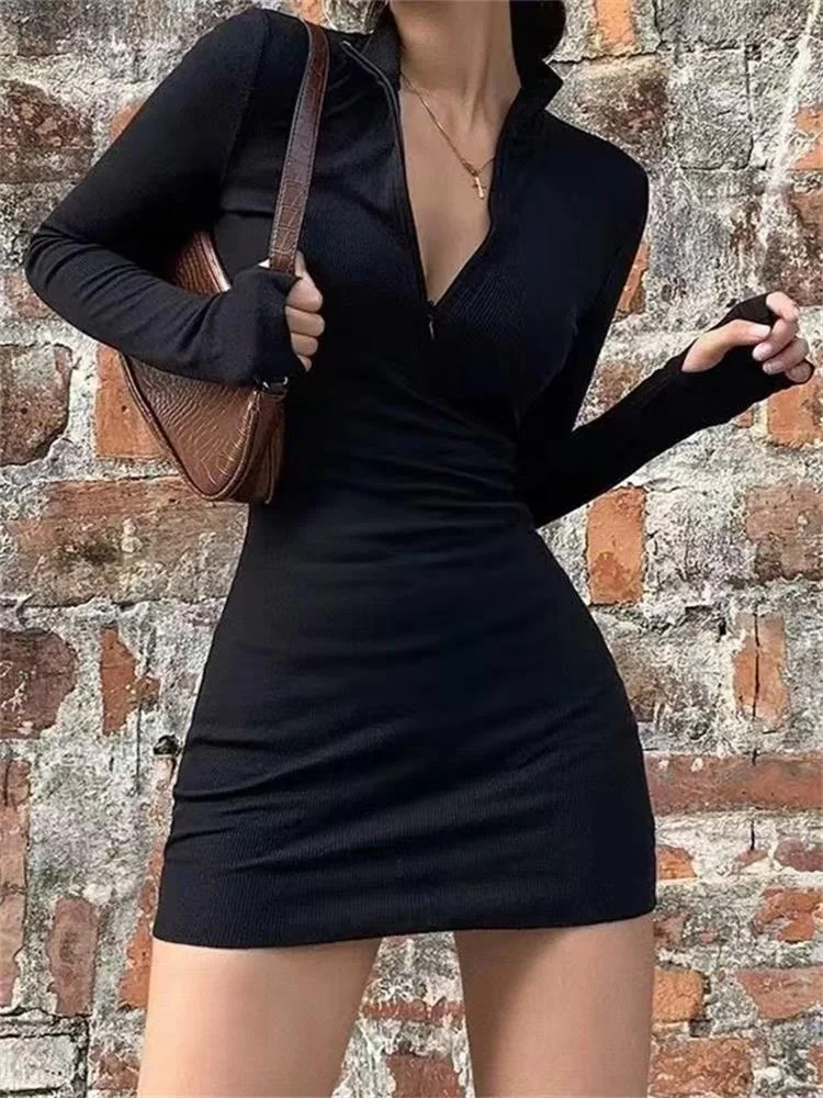 Frauen Solide Zipper Tiefem V-ausschnitt Kleid Sexy Mode Dünne Mini Kleid Weibliche Rollkragen Rippen Langarm Bodycon Kleider Kleidung – Detail 4