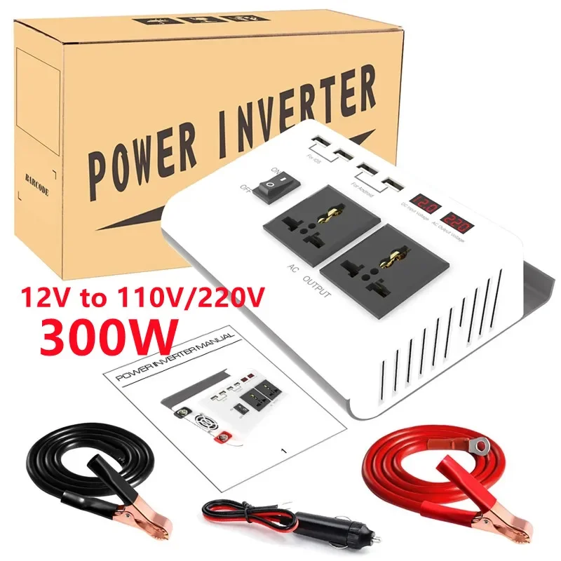 inversor de exibicao dupla lcd inteligente usb conversor de carro de carregamento rapido inversor de energia de onda senoidal modificada 12v a 110v 220v 300w 01