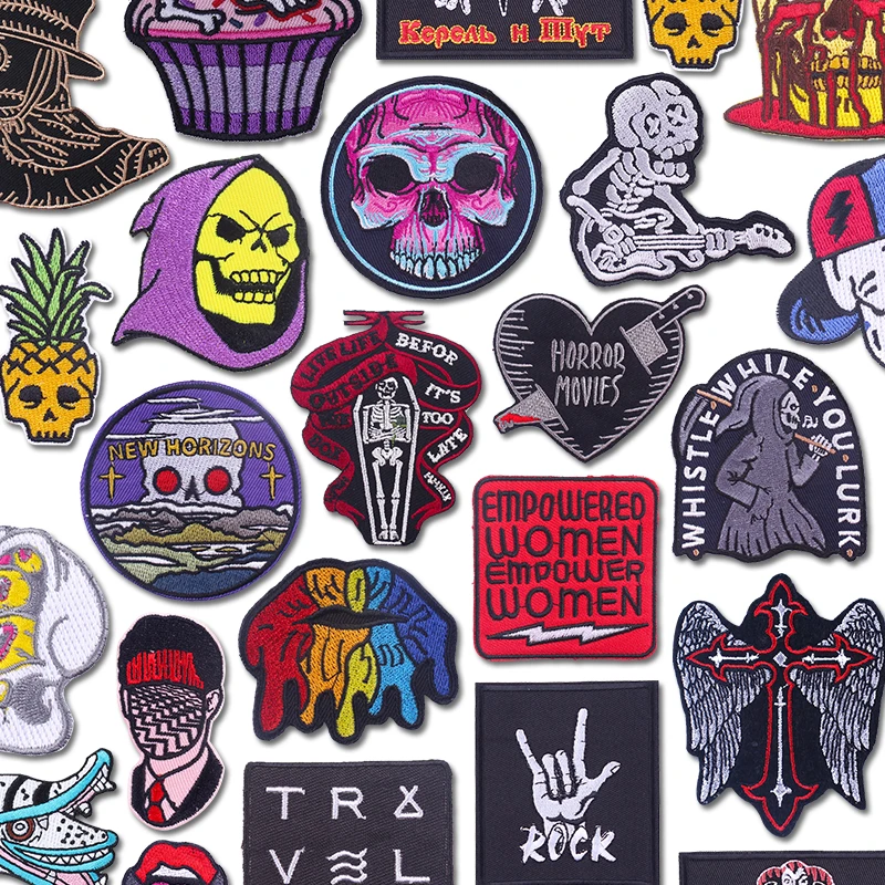 Horror-Totenkopf-Aufnäher für Jacken, Jeans, bestickte Aufnäher, Punk-Aufnäher zum Aufbügeln für Kleidung, thermoadhäsive Aufnäher, Nähapplikationen