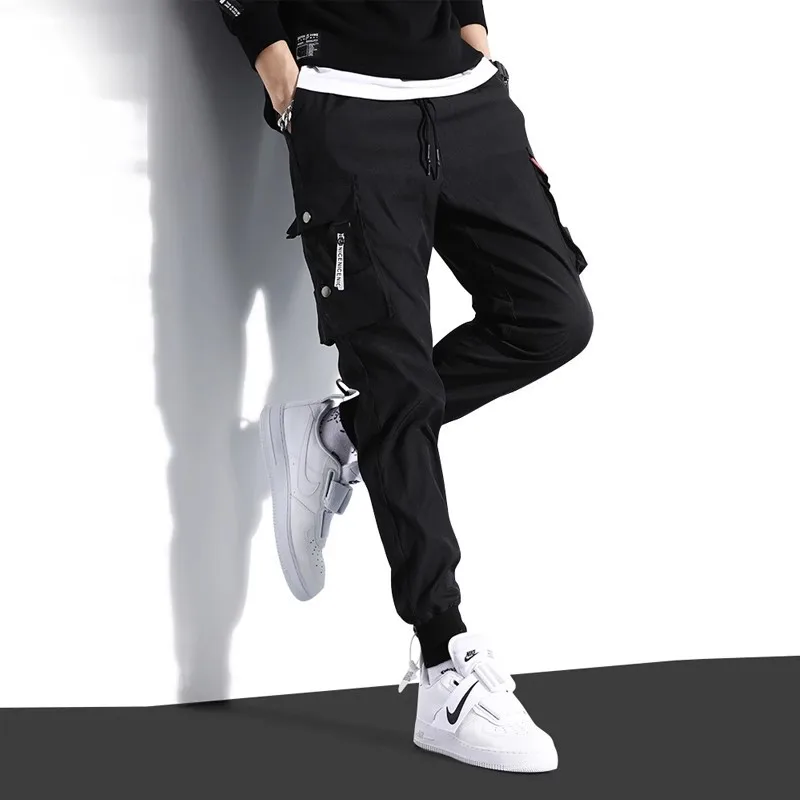 New men's fitness casual pants fashion brand large size men's solid color multi-pocket bunched feet American tracksuit pants