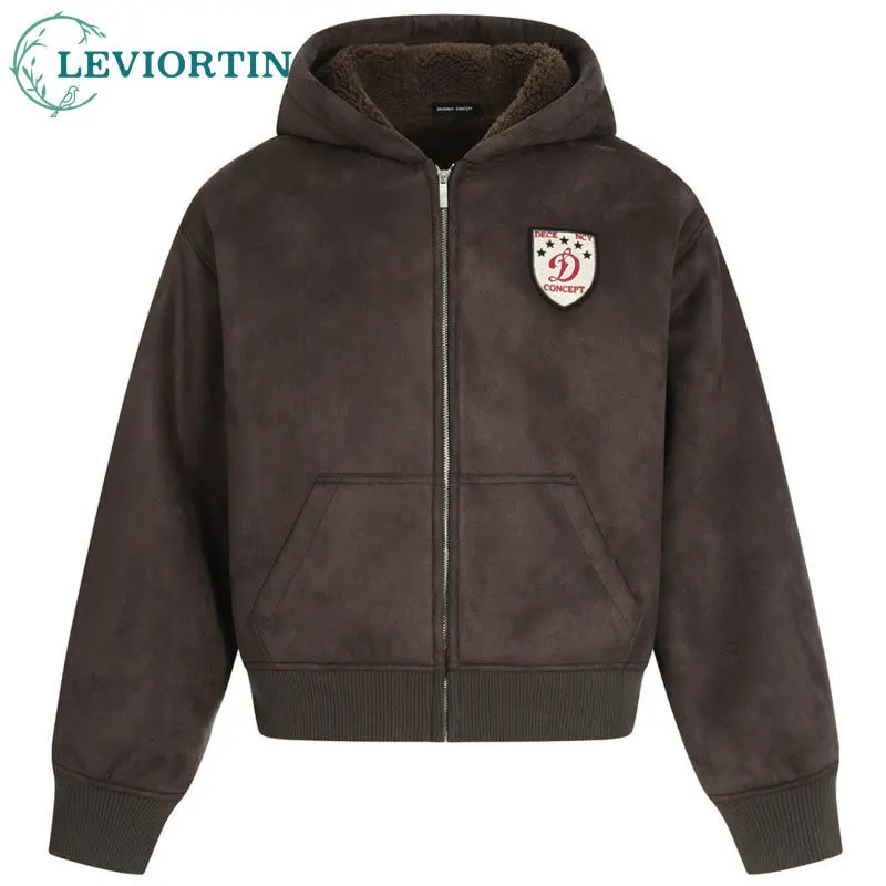 

Winter men's casual loose badge embroidered design with velvet hooded, European and American retro ordinary short zipper jacket