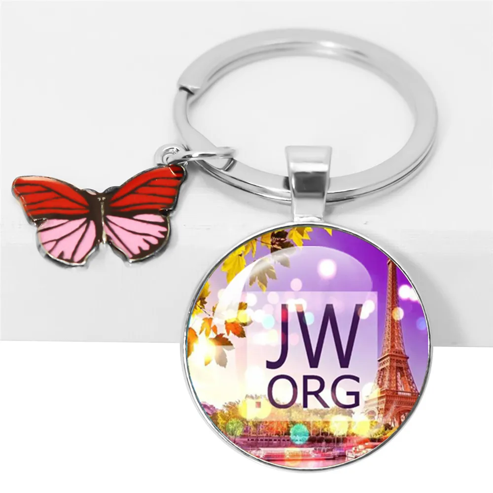 Jw.Org Keychain Jehovah\'S Witness Butterfly Flowers Art Printed Photo Metal Glass Pendant Keychain Butterfly Accessories Jewelry