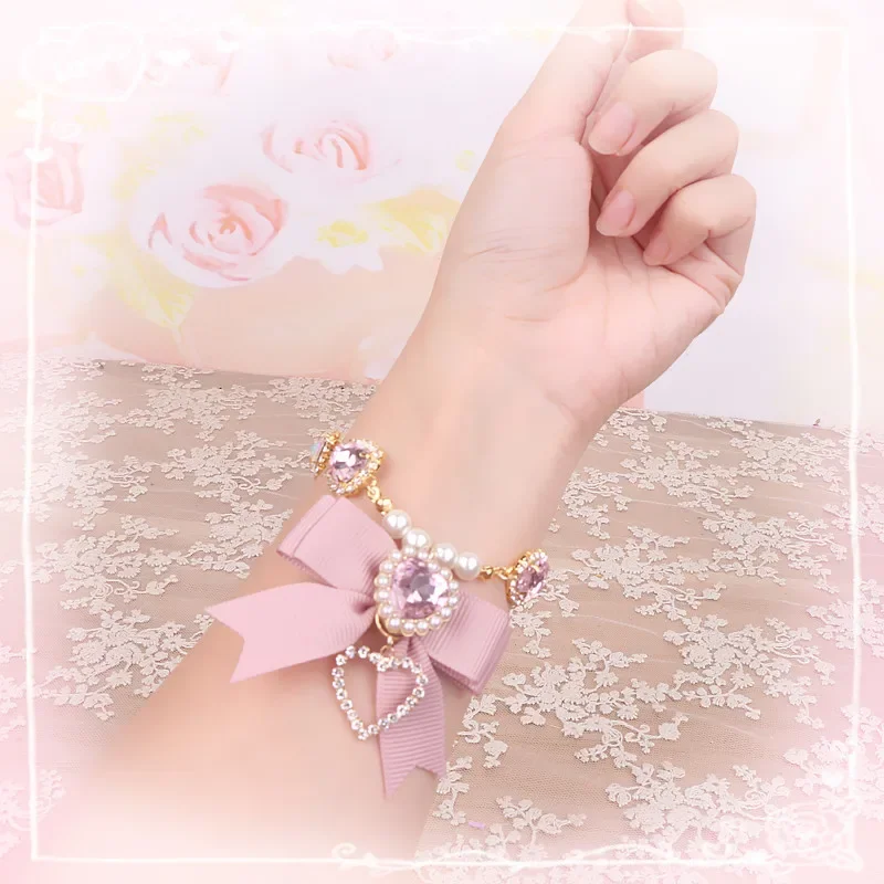 Beads Accessories Forwomen Japanese Style Sweet Cute Lady Bracelets Girl Love Heart Bow Tie Rhinestone Beaded Bracelet