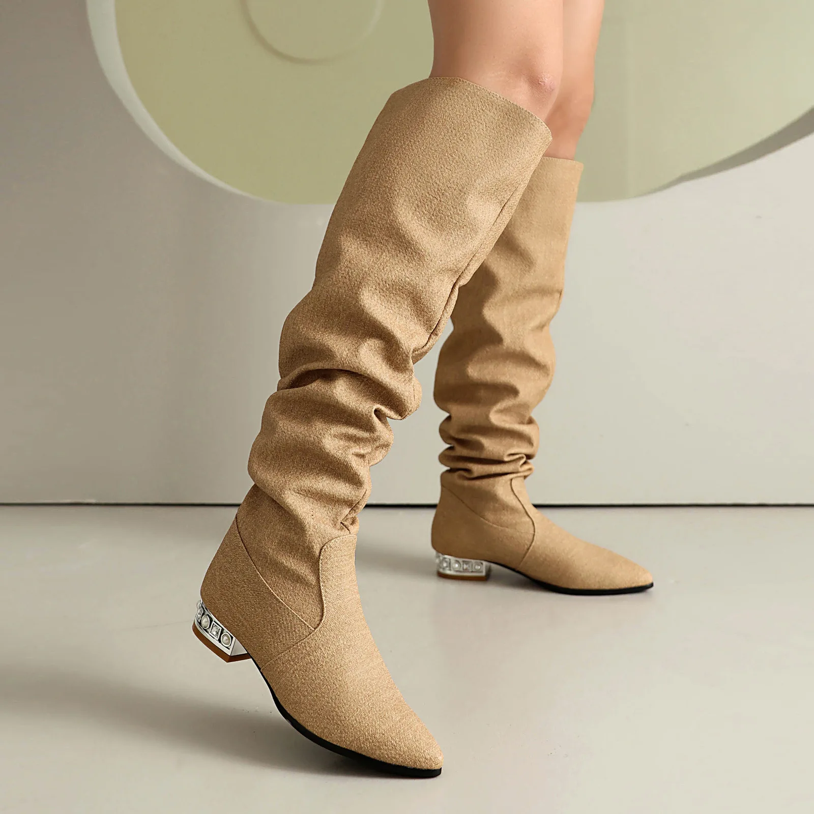 

Rhinestone Pointed-Toe Pleated Boots Slip-On Large Sizes Knee-High Botines Block-Heeled Long Botas Femininas Chaussure Femme