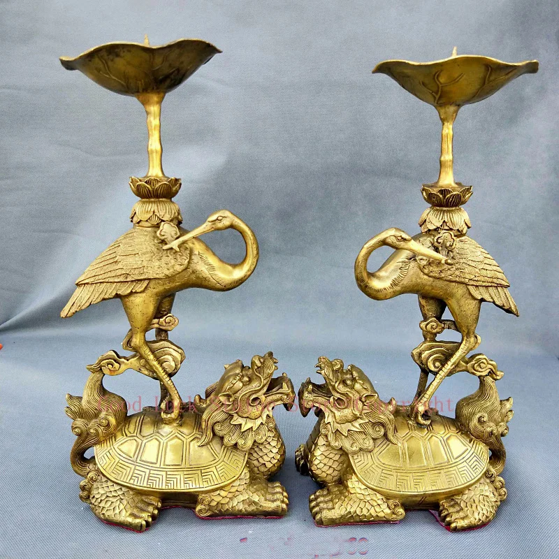 A pair home shop company lobby thriving business Money Drawing GOOD LUCK Mascot Turtle Crane candleholder FENG SHUI Brass statue