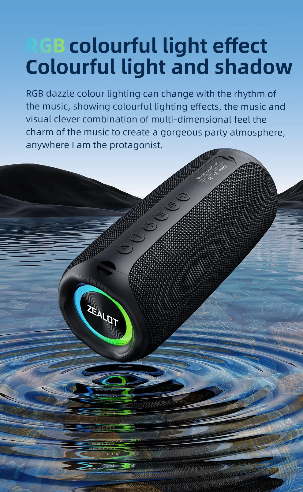 Zealot-MP2 Bluetooth-Lautsprecher, ultra-portabel, bis zu 15 Stunden Spielzeit, IP65 wasserdicht und staubdicht, kraftvoller Klang für den Außenbereich. – Detail 10