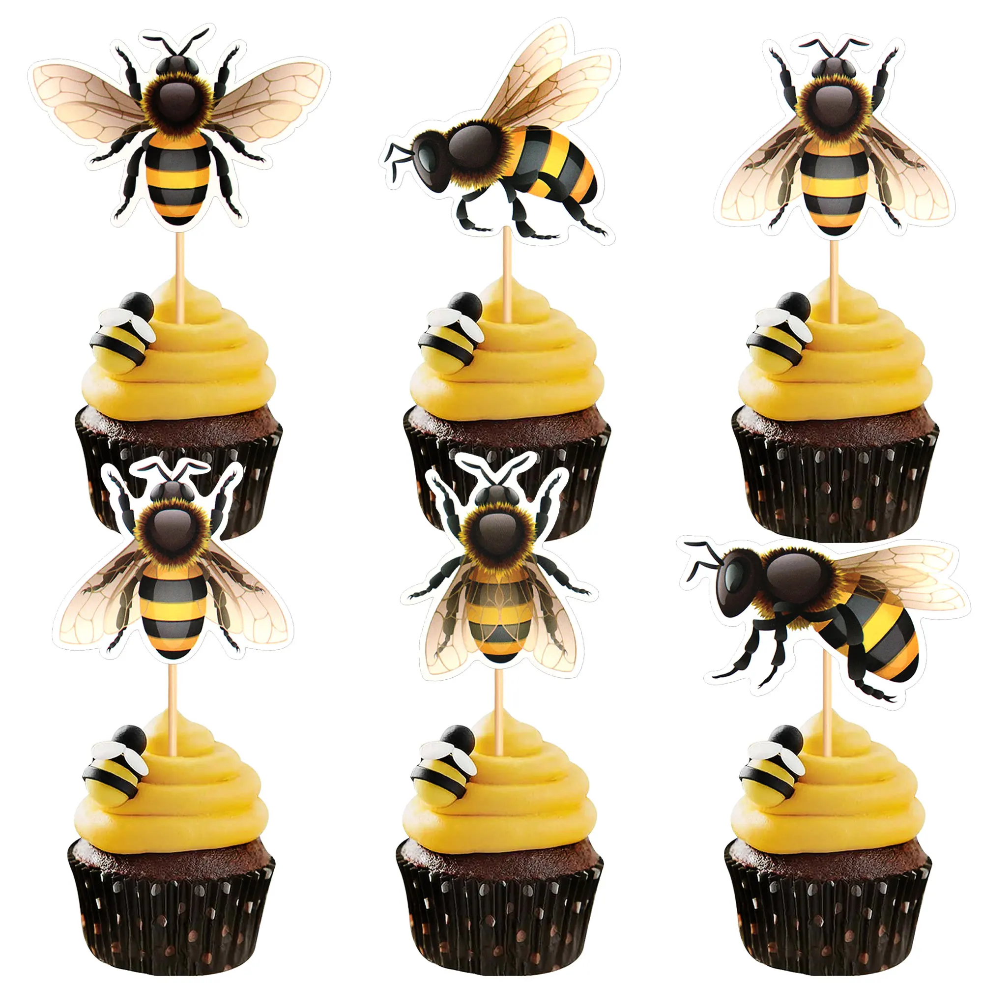 Bee Daisy Sun Flower Cake Topper Happy Birthday Wedding Bride Party Yellow Cupcake Toppers Baby Shower Baking Dessert DIY Decor