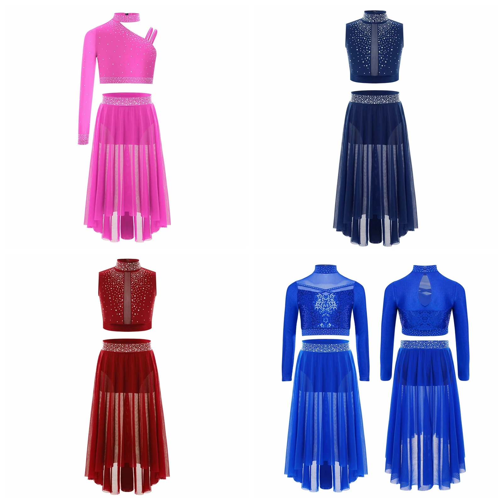 

Girls Sheer Mesh Shiny Sequins Lyrical Dance Outfit Crop Top with Slit High-Low Skirt Suits Children's Modern Dance Costumes