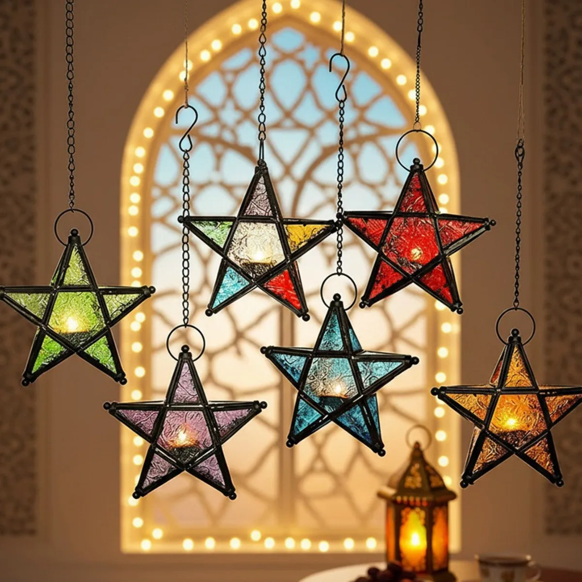 Hanging Decoration Five-pointed Star Colored Glass Hanging Lamp Metal Candlestick Decorative Candle Lamp Home Wall Decoration