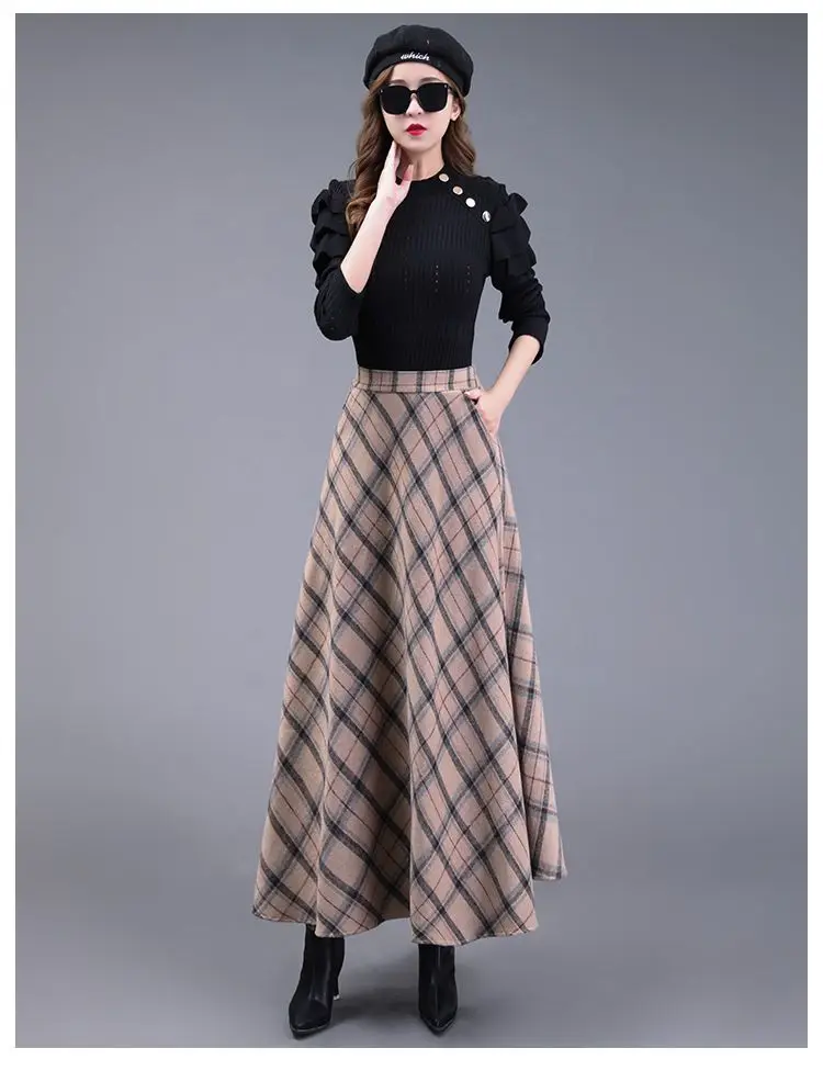 

Autumn Winter New Plaid Wool Blend Skirt Retro Long Skirt Pear Shape Hip Slimming A Line Maxi Skirt Flared Dress