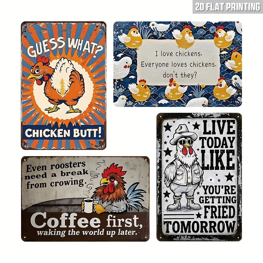 4pcs Vintage Funny Chicken Metal Signs, Retro Rustic Wall Art Decor With Humorous Phrases, 8.0X12.0 Inch, Material, Perfect For