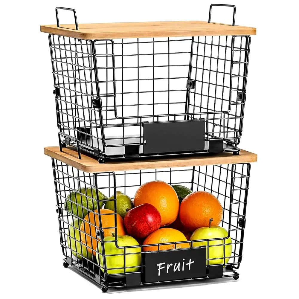 

2 Set Large Stackable Wire Basket With Bamboo Tops & Tag- Pantry Organizer And Storage Bins, Kitchen Counter Cabinet Shelf