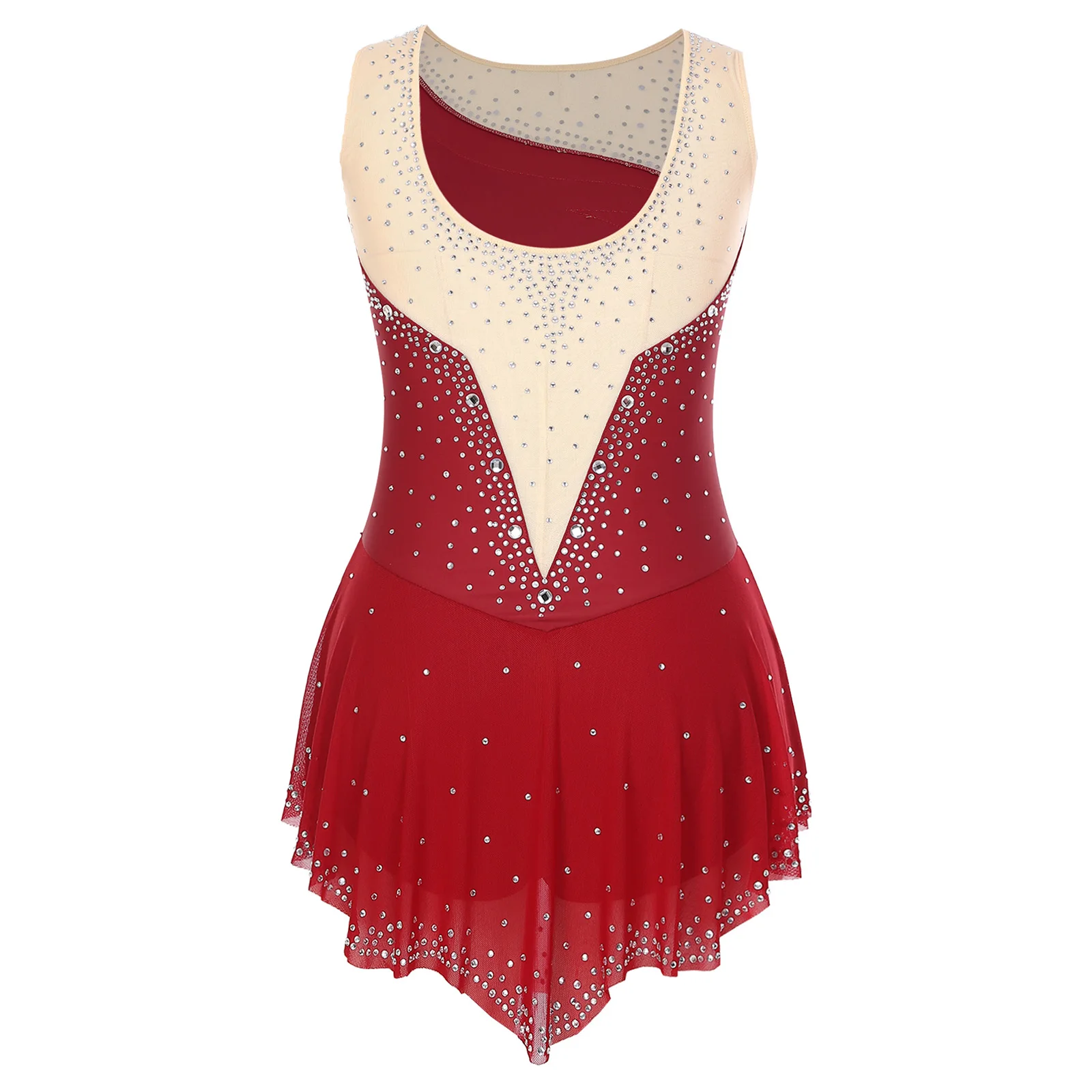 Womens Ritmische Gymnastiek Dans Unitard Glanzende Steentjes Versierd Slit Overlay Turnpakje voor Ballet Latin Jazz Danswedstrijd