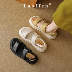 Taoffen Solid Color Women's Flat Sandals Real Leather Thick Heel Summer Platform Sandals Ladies Comfort Slip-On Slingback Shoes