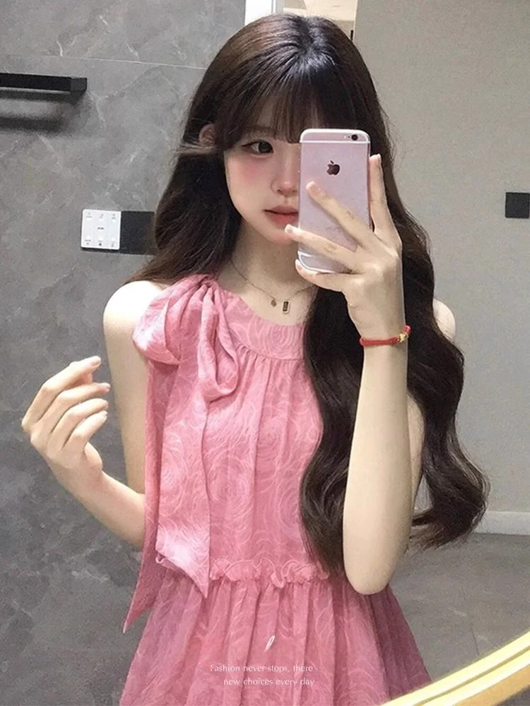 

Summer Beautiful Dopaamine Sleeveless Loose Dress Pink Sweet Girl Pure Holiday Style Mid-Length A-Line Dress