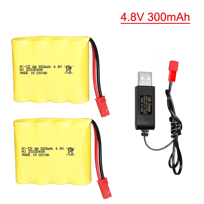 بطارية AA قابلة للشحن لسيارة لعبة التحكم عن بعد ، Ni-CD ، كابل شحن USB ، JST-2P ، 4.8 فولت ، 300 مللي أمبير