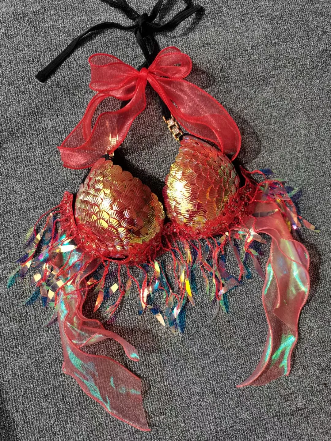 Handmade Mermaid Sequin Seashell Bikini Tassel Top Bra Oceanarium Bar Table Performance Dress Fishtail Leather