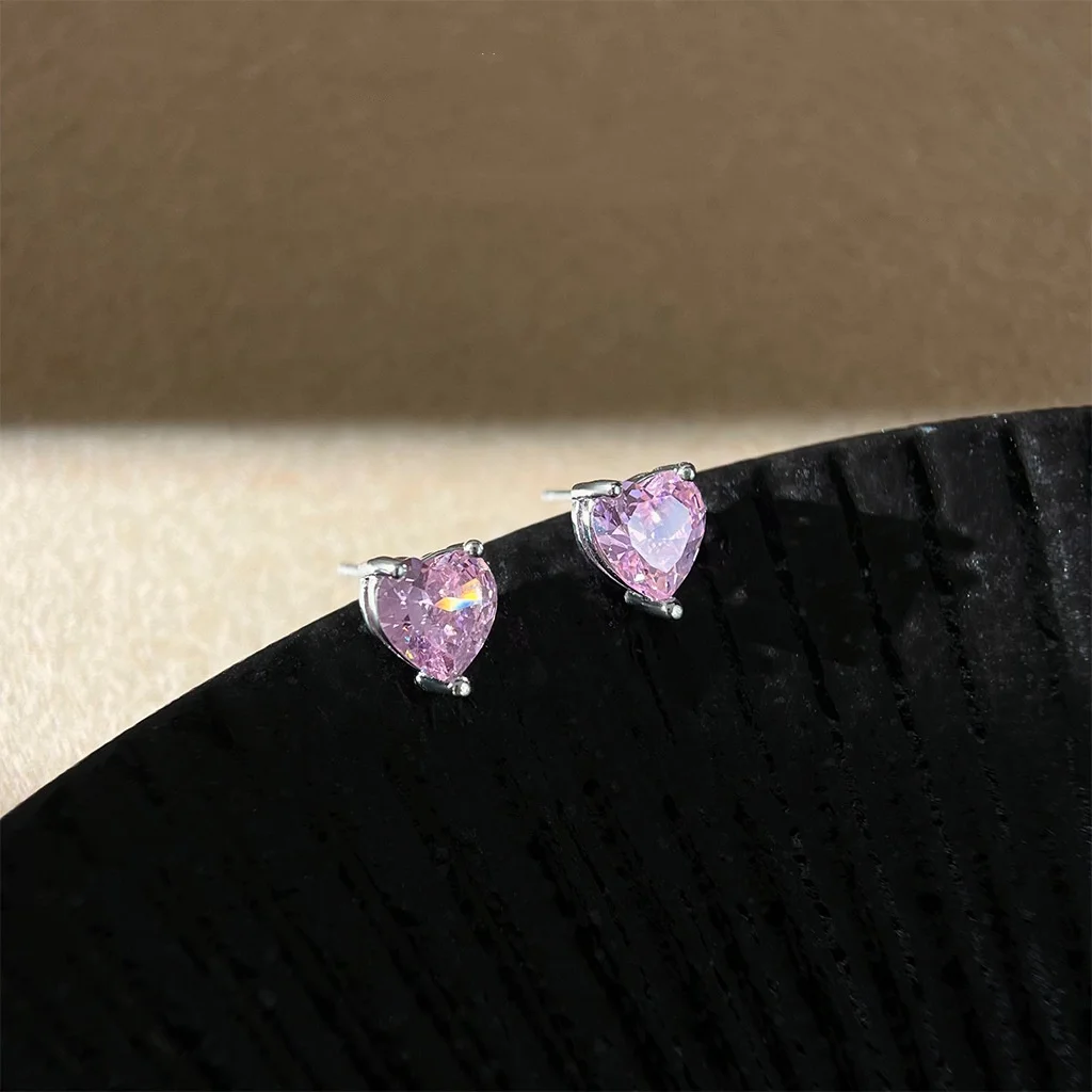 Pink Color CZ Crystal Stud Earrings for Women Korean Sweet Jewelry Female Birthday Friend Christmas Gift
