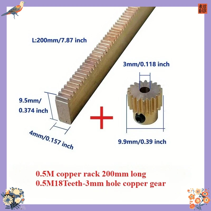 0.5M Long 200mm Copper Rack with 18 Teeth 3mm Hole Spur Gear Brass Pinion Step Gear for Transmission Accessories