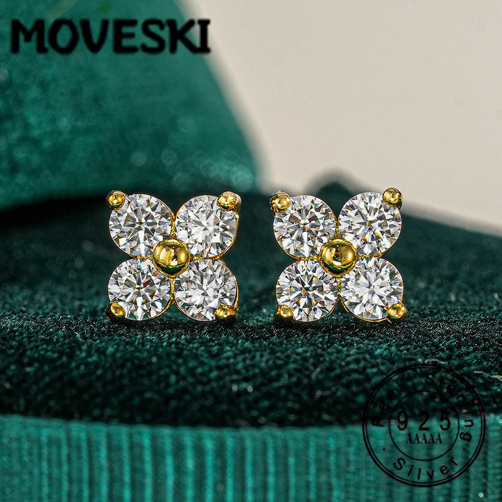 

925 Sterling Silver Moissanite Flower Stud Earrings, 18K Gold Plated 4-Crystal Brilliant Cut Earrings, Elegant Sparkling Jewelry