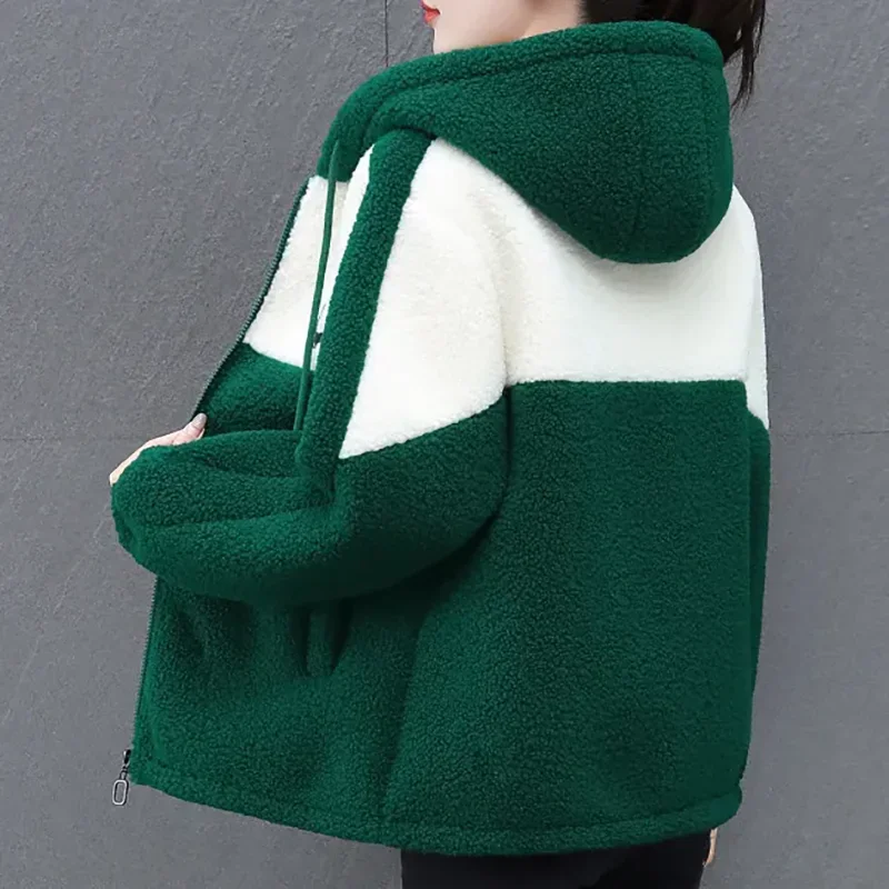 Women's Lamb Wool Hooded Jacket Casual Thickened Sweatshirt Loose Warm Particles Velvet Hoodie Outwear Fashion Autumn Winter Ne