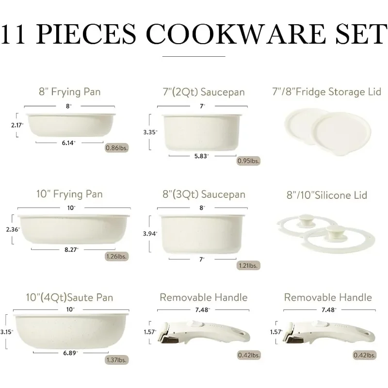 11pcs Pots and Pans Set Non Stick, Cookware Sets Detachable Handle, RV Kitchen Set Removable Handle, Oven Safe, Induction