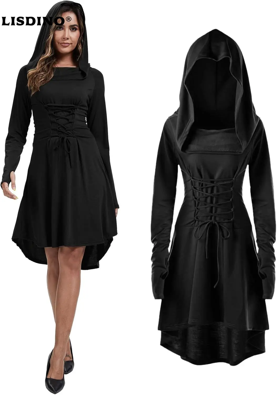 

1Womens Renaissance Costumes Hooded Robe Lace Up Halloween Medieval High Low Long Hoodie Dress Cloak