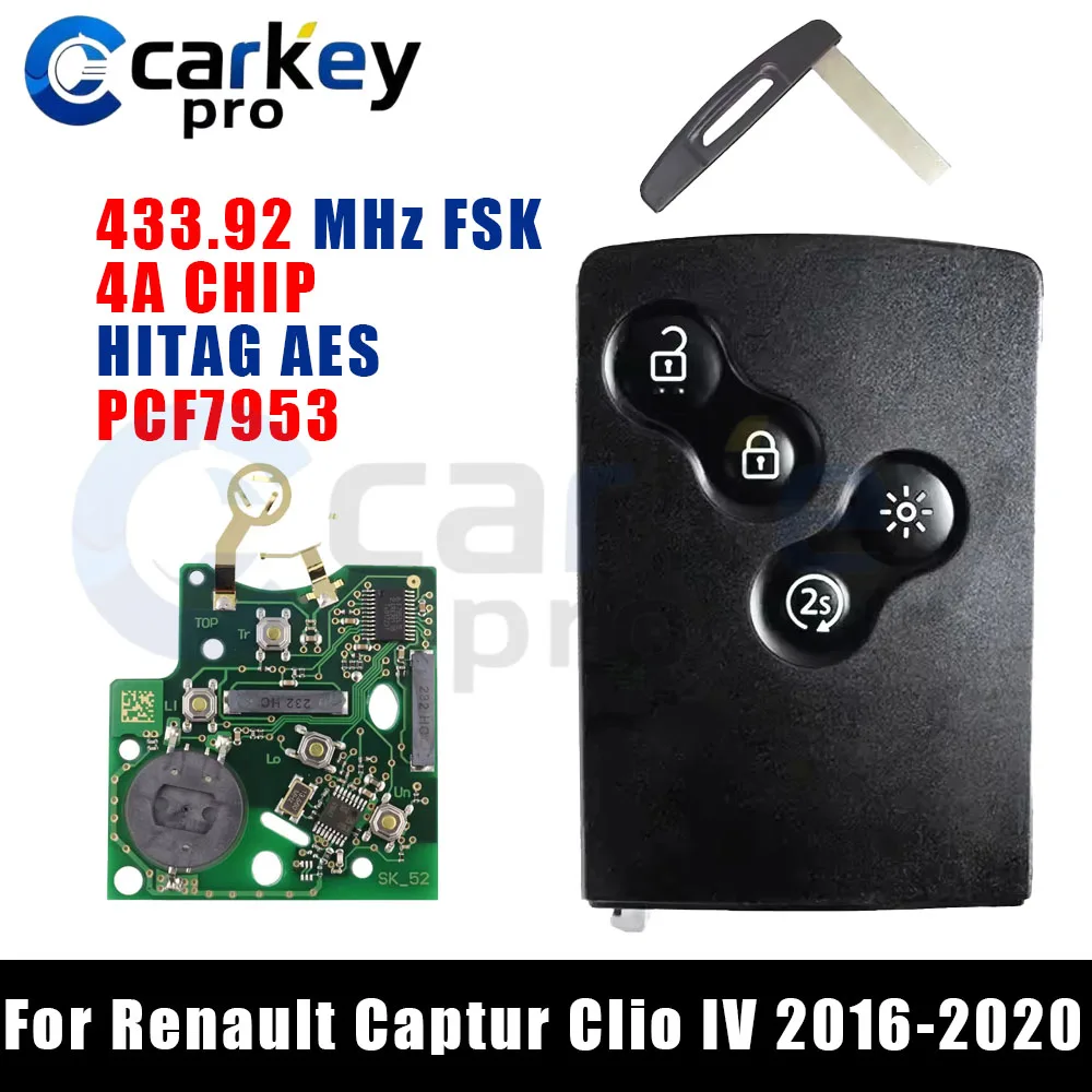 Carkeypro 433 MHz FSK 4A Chip 4 Buttons Remote Card Smart Car Key Keyless  Entry Autostart For Renault Captur Clio IV 2016-2020