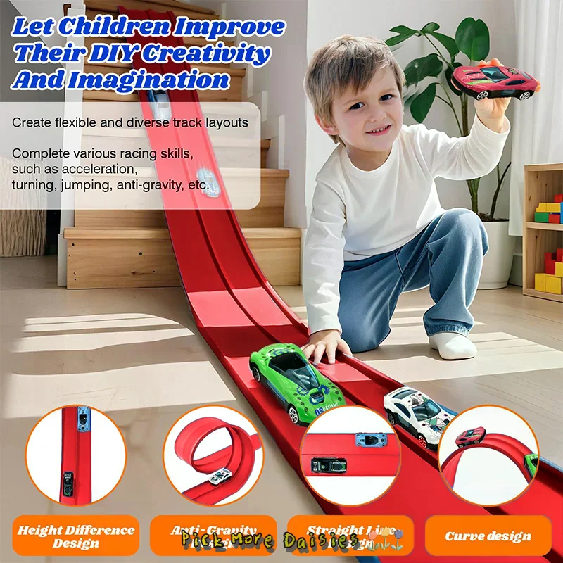 Pista de carrera flexible de 13 pies y 16 pies para niños, rampa de coche de carreras con ventosas y 4 coches de carreras pequeños
