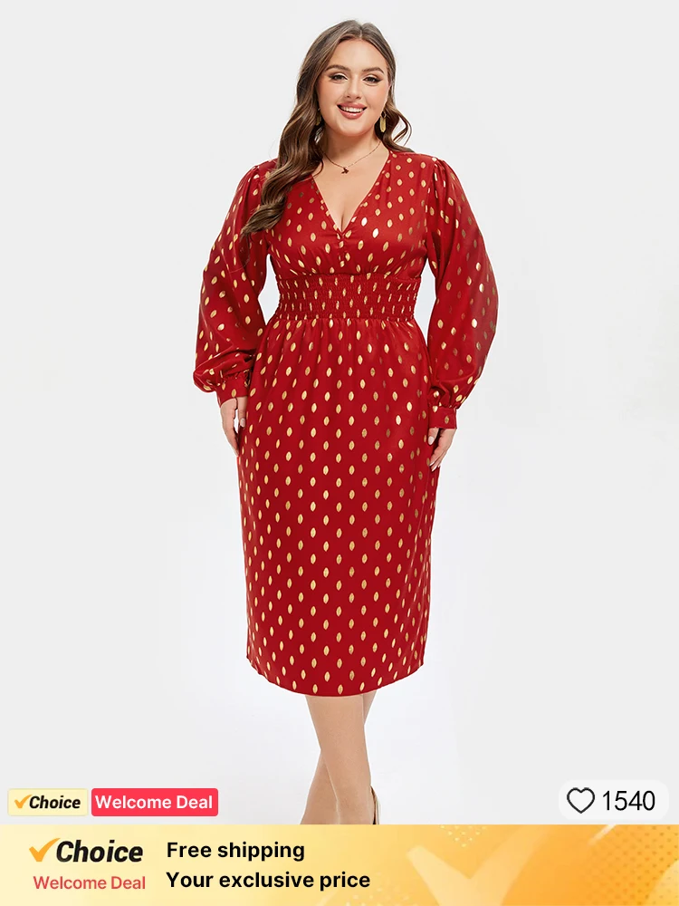 

Plus Sized Clothing Fashion Spring Women Vintage Dress Casual Polka Dot Print Party Long Sleeve Sexy V-neck Elegant Dress