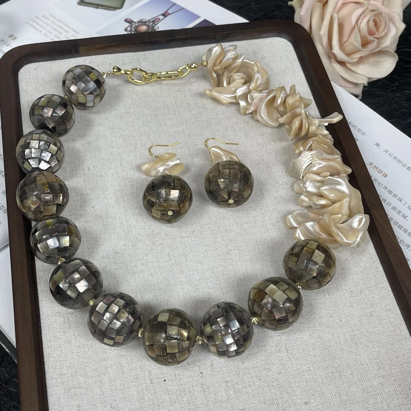 

Vintage gold gray sea shell baroque Necklace Earrings High End Fashion Jewelry Women's Party unique design