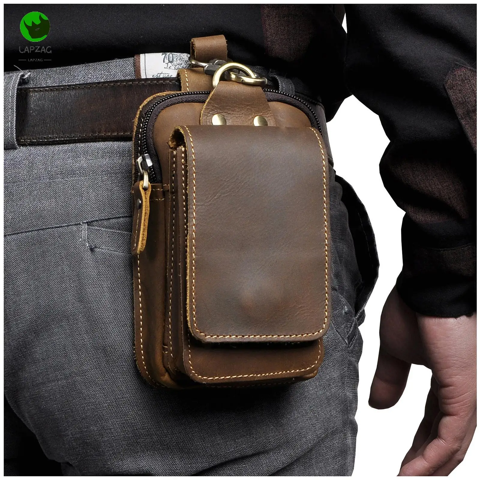 

Crazy Horse Leather Waist bag Men's Bag for Men Vintage Fashionable Waist Bags Cool Mobile Phone Camera Outdoor 6 " With Hook