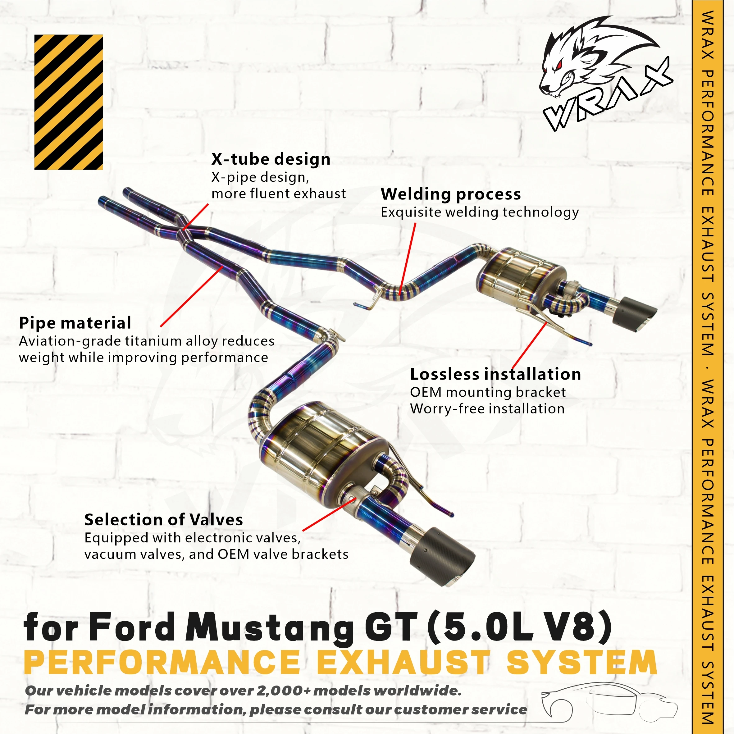 

WRAX Titanium Catback for Ford Mustang GT (5.0L V8) Uprade of X-tube design Higher Flow Sports Exhaust System