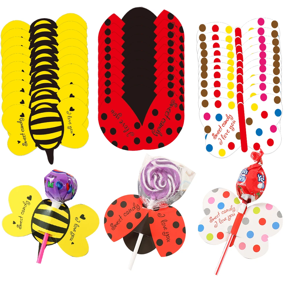 20/50PCS Ladybug Butterfly Bee Lollipop Holder Cards Insect Candy Packages for Children's Day Gift Birthday Party Decoration