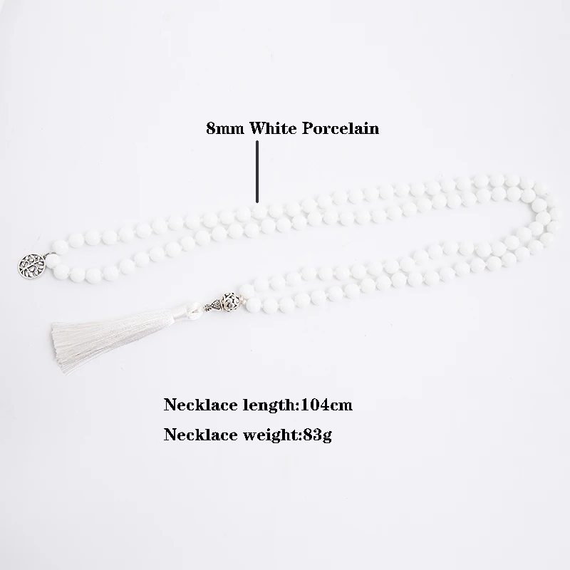 8mm White Porcelain Mala Necklace 108 Beads Knotted Japamala Meditation Yoga Blessing Jewelry Tibetan Tassel Pendant