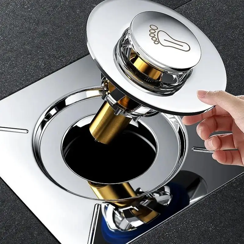 Bathroom Drain Stopper Floor Odor Prevention Square Drain Sink Drain Stopper Foot Pedal Design Brass Core Tub Hair Catcher