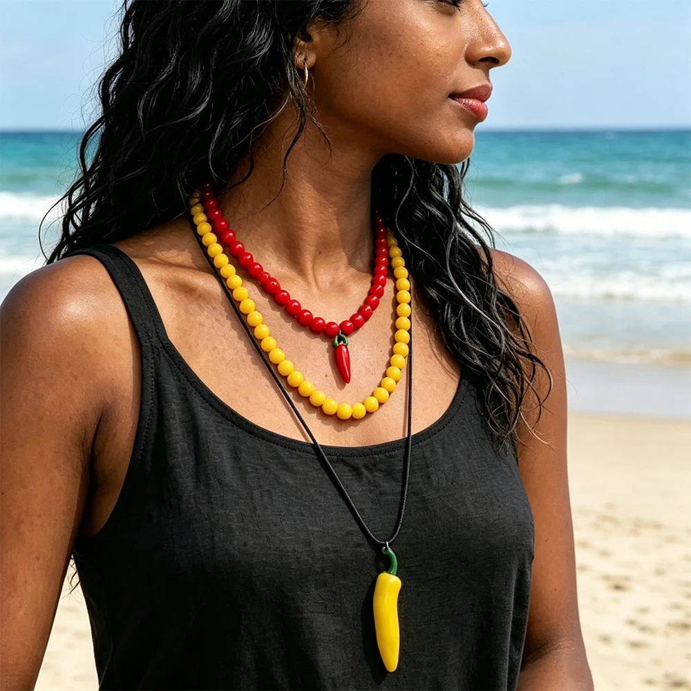 

New Bohemian Multilayer Beaded Chains Chili Pepper Pendants Necklaces for Women Summer Beach Party Jewelry Gifts