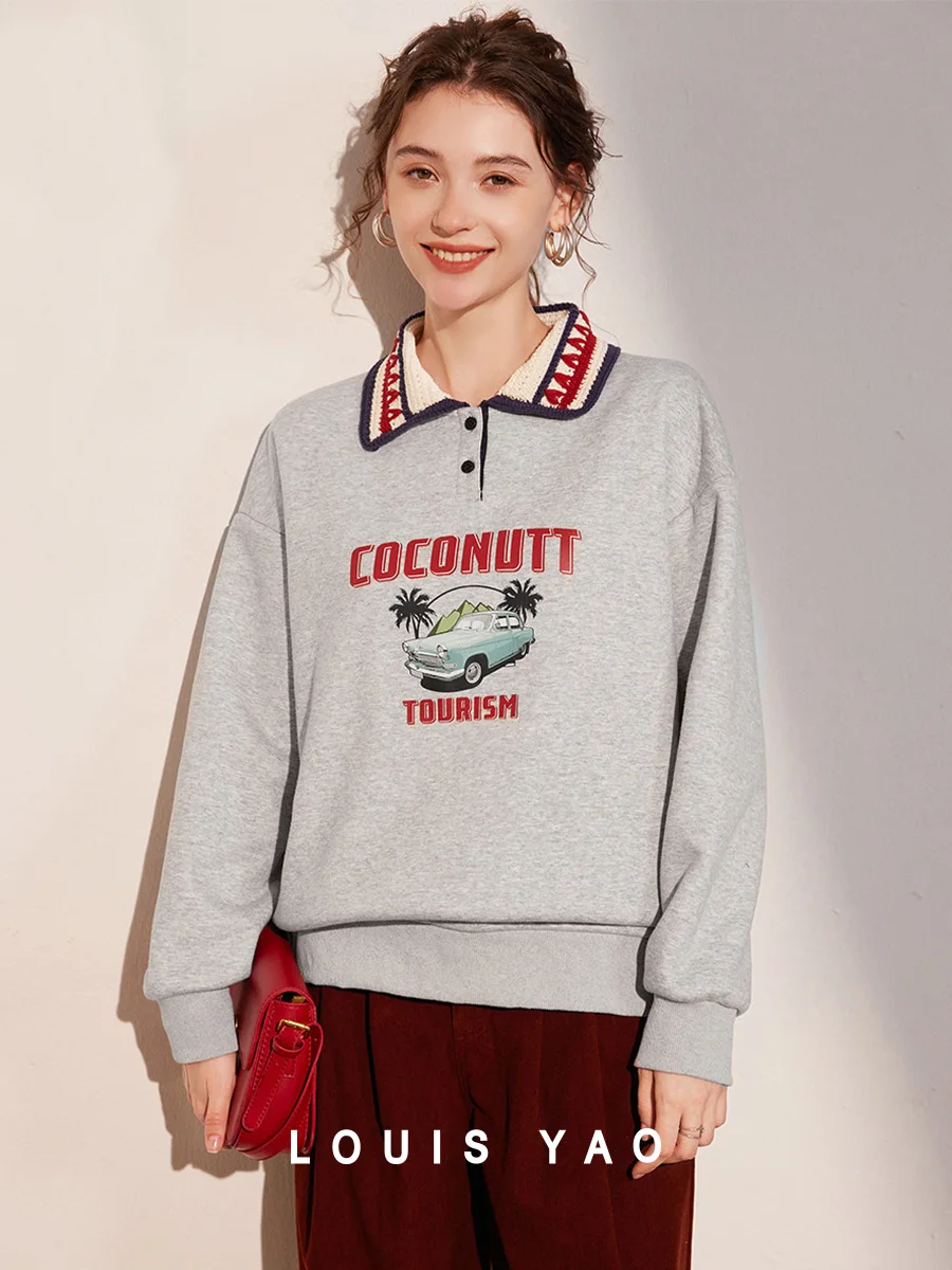 LOUIS YAO 2024 Winter Thick Velvet Contrast Color Collar Cartoon Letter Printed Loose Aging Long Sleeve Women's Hoodie