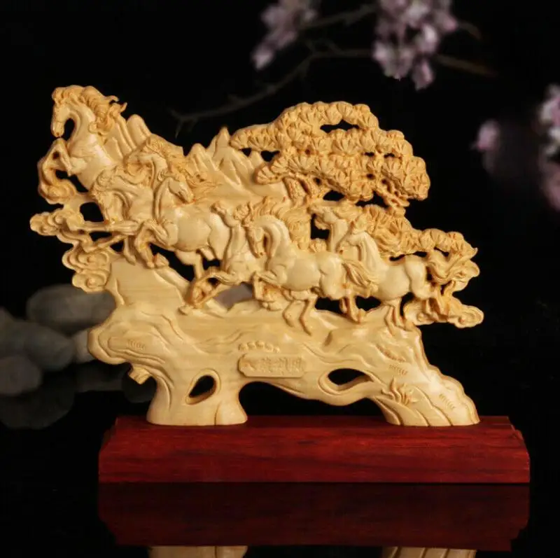 Collect China Box-wood Double-sided Carving Animal Eight Horse Ornament Statue