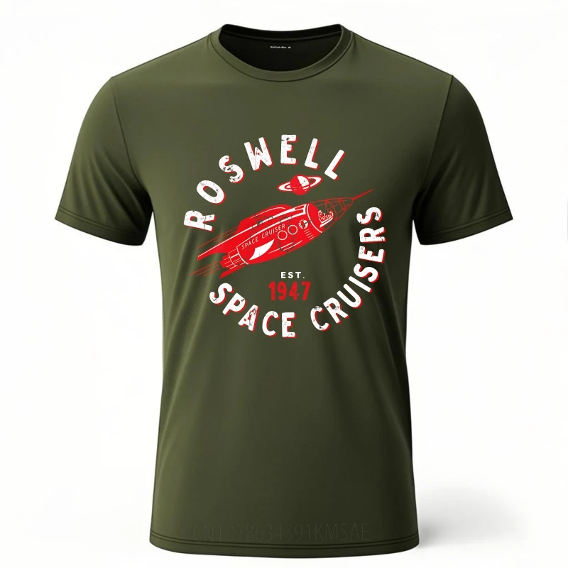 تي شيرت نسائي صيفي أسود من Roswell Space Cruisers تم إنشاؤه في عام 1947 بتصميم صاروخي بأكمام قصيرة تي شيرت برقبة دائرية #5
