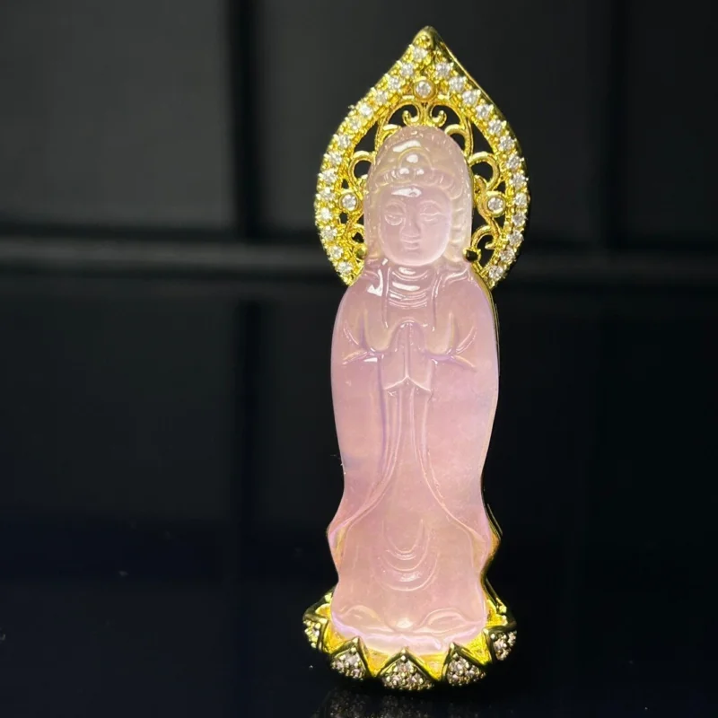 

Certified Natural high Ice pink jade Jadeite Carved Guanyin Pendant&Necklace