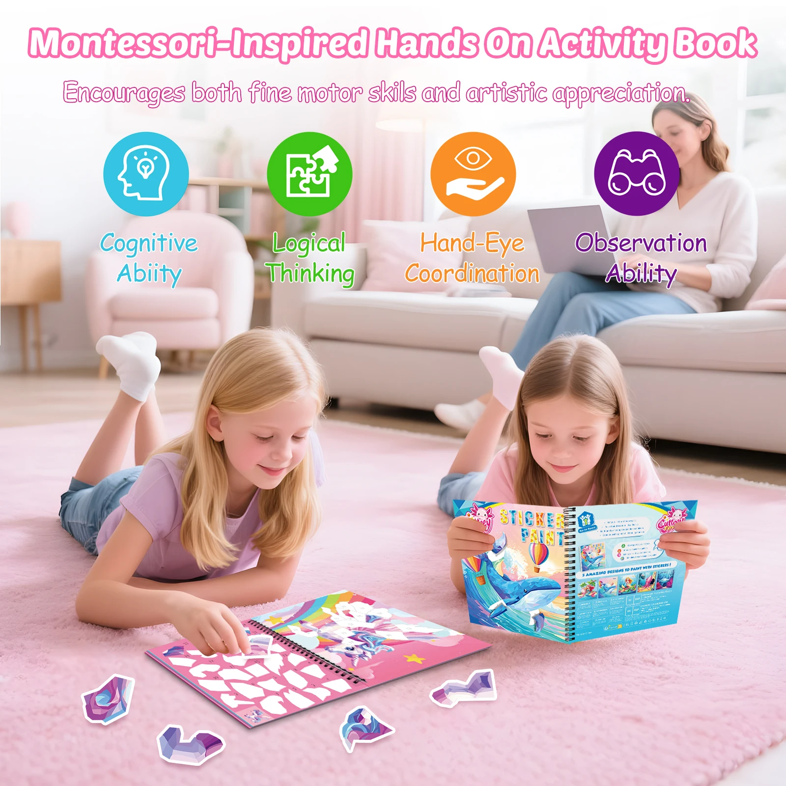 1/3/6PCS Sticker Paint Story Books for Kids Ages 4-10 Unicorn Mermaid Animals Designs Paint Sticker by Numbers Kids Gifts