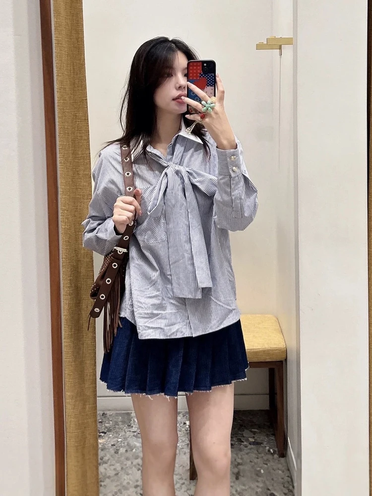 เสื้อผู้หญิงลายทางผูกโบว์ คอปก แขนยาว สไตล์ฝรั่งเศส ผ้าฝ้ายแท้ ทรงหลวม ผูกโบว์ด้านหลัง สีหวาน