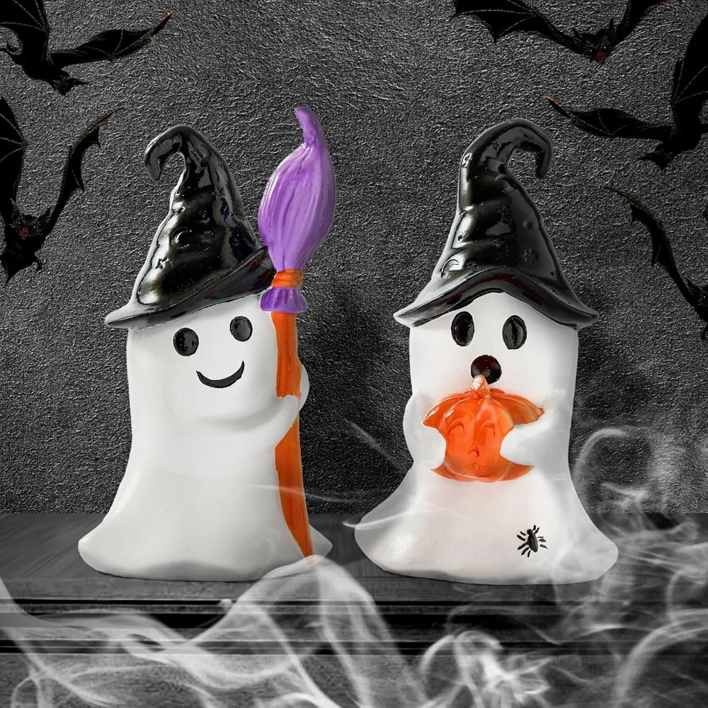 

Набор из 2-х фигурок призраков на Хэллоуин — Декор белых призраков с черными шляпами ведьмы и метлой и тыквой — милый декор призраков из смолы