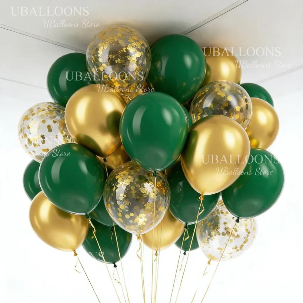 30pcs Gold Green Balloons 10'' Chrome Gold Confetti Dark Green Balloons for Birthday Wedding Safari Wild One Baby Shower Decor view 3