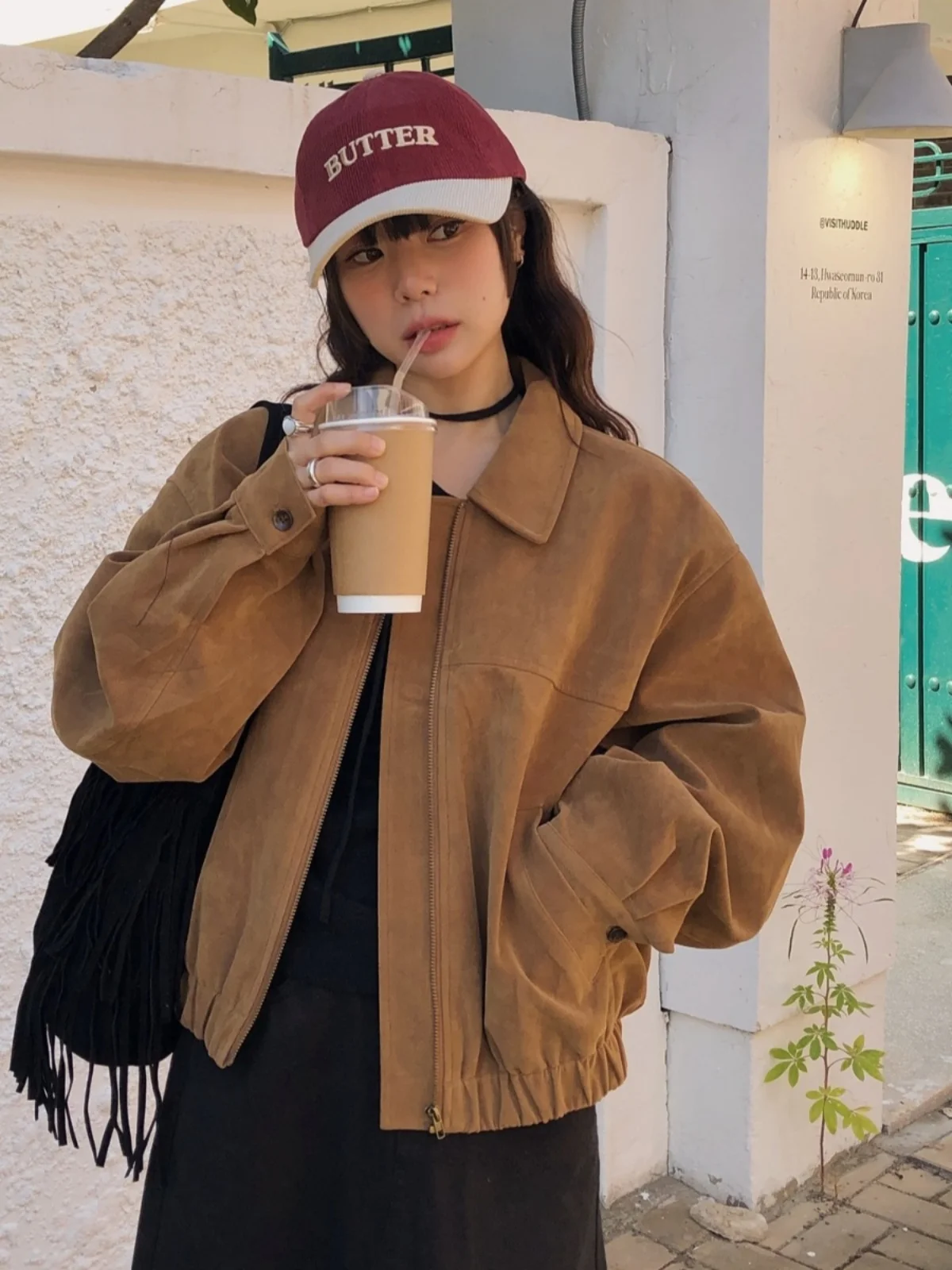 

Autumnal Suede Long Sve Loose Baseball Jaet Women's Faion Vintage Hong Kong Sle Versatile Outerwear Commute Sle