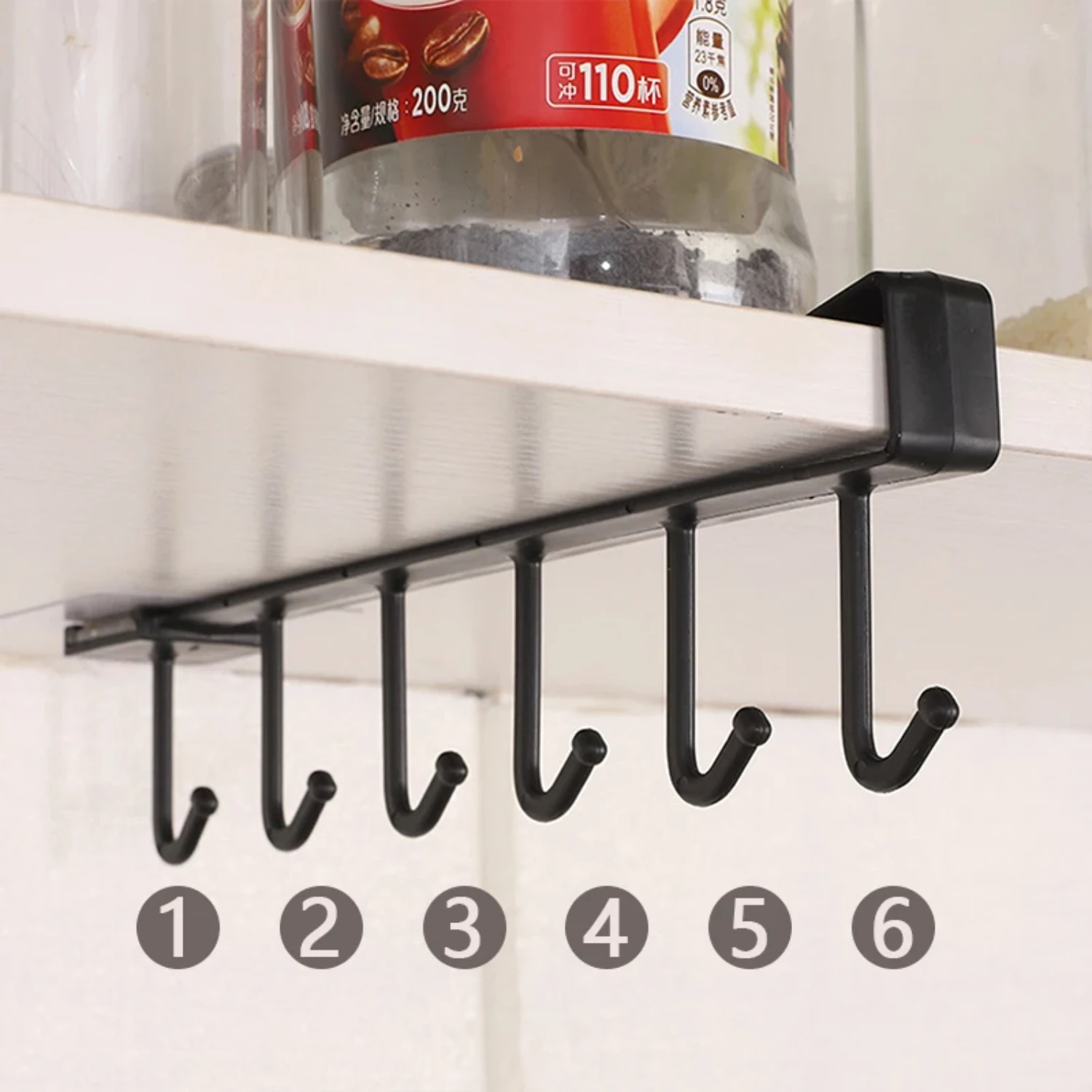 Organizing Plastic 6-Hook Shelf Cabinet for Wardrobe – Space-Saving PP Under-Shelf Hanger for Mugs and Cups in Bathroom or Kit