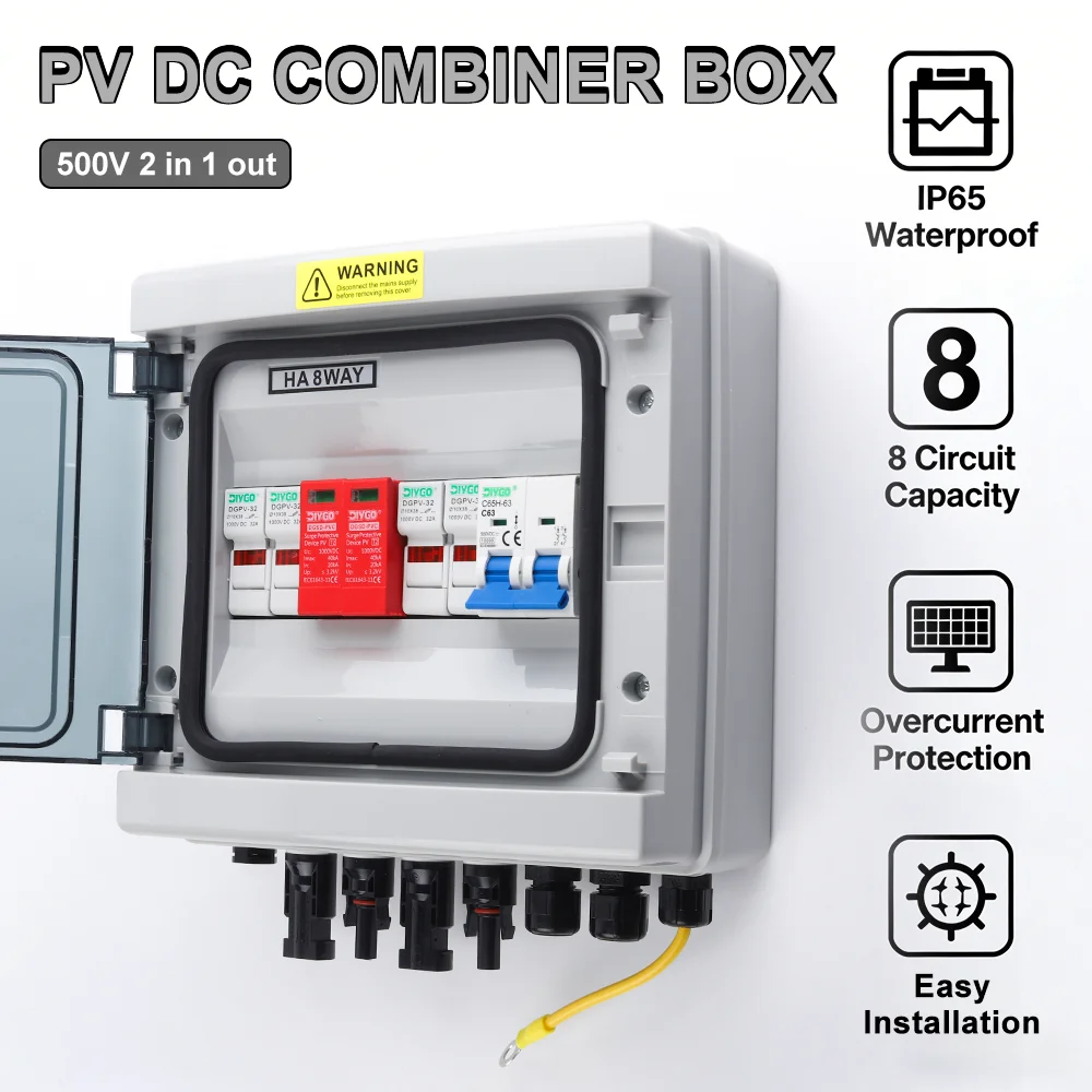 Solar Photovoltaic Junction Box 2 in 1 Out 500V PV DC IP65 Waterproof Combiner Box with Lightning Protection Fuse MCB SPD