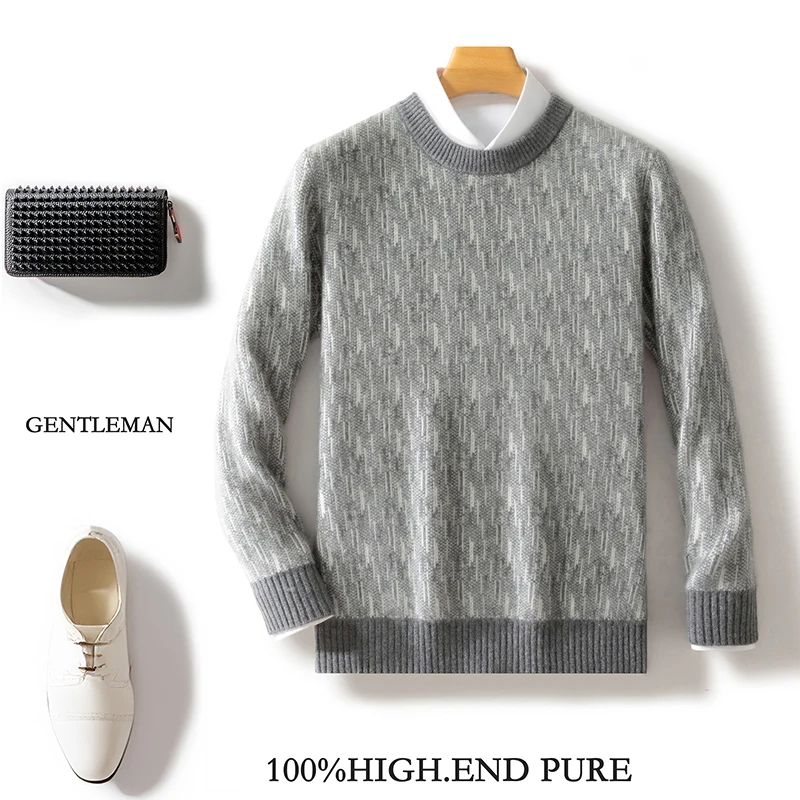 

100% Merino Wool Thickened Knitted Sweater Men's O-neck Pullover Cashmere Sweatshirt Color Collision Tops Autumn Winter