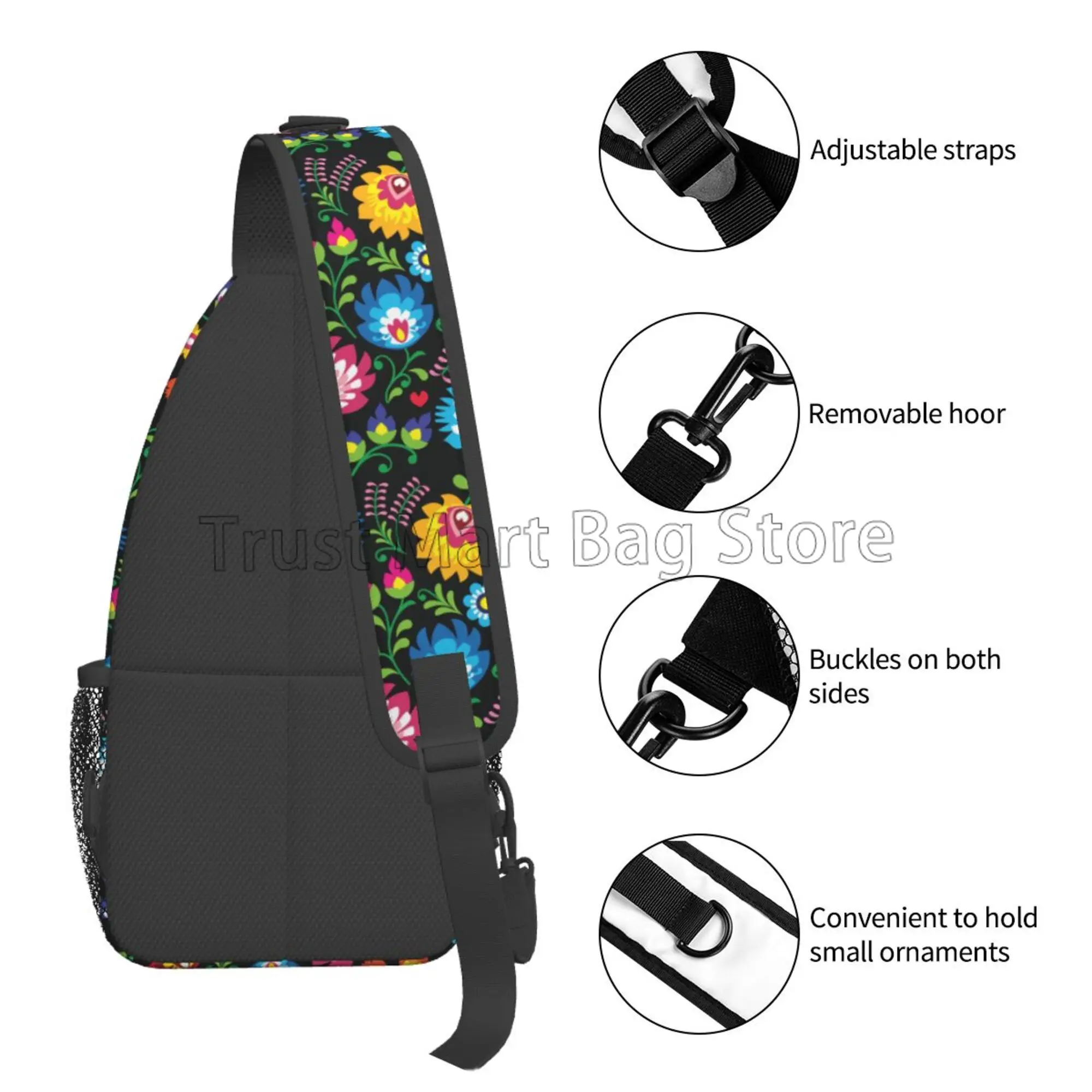 Poland Polish Floral Folk Art Flower Sling Backpack Chest Bags Crossbody Daypack for Travel Hiking Camping Casual Shoulder Bag